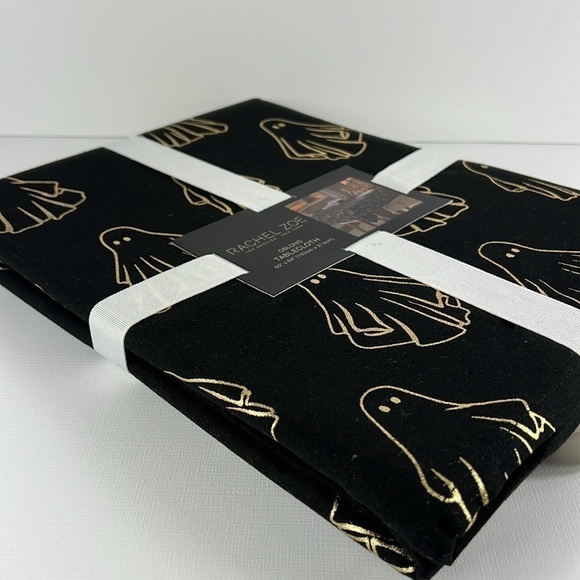 🛍️Rachel Zoe Halloween Tablecloth Oblong 60"x 84"- Black with Gold Ghost Cotton - Picture 4 of 7
